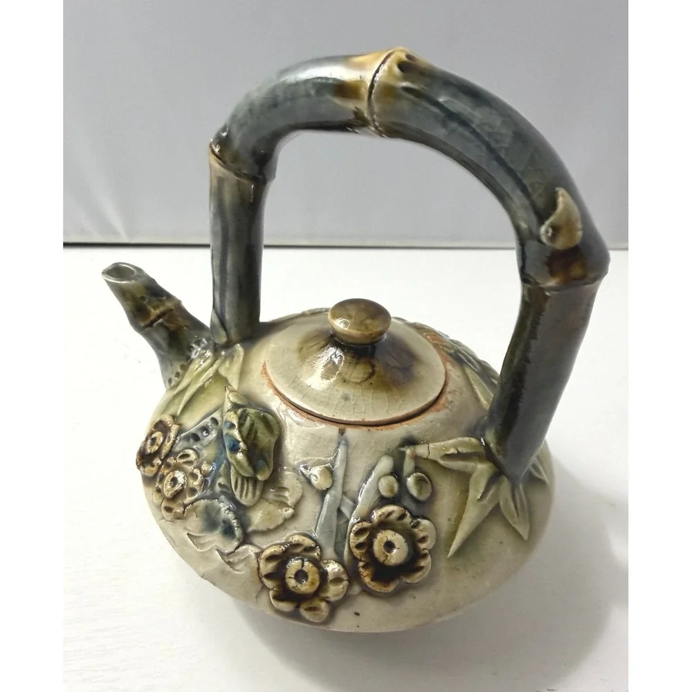 Vintage Ceramic Teapot Cream Green Bamboo Handle Floral Crazed